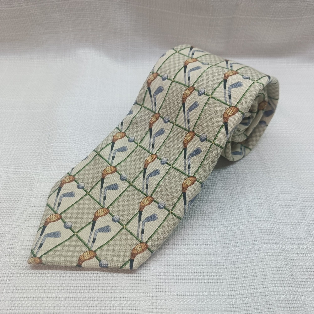 Tommy Bahama Ivory Golf Club Print 100% Silk Tie Preppy Sports Golf